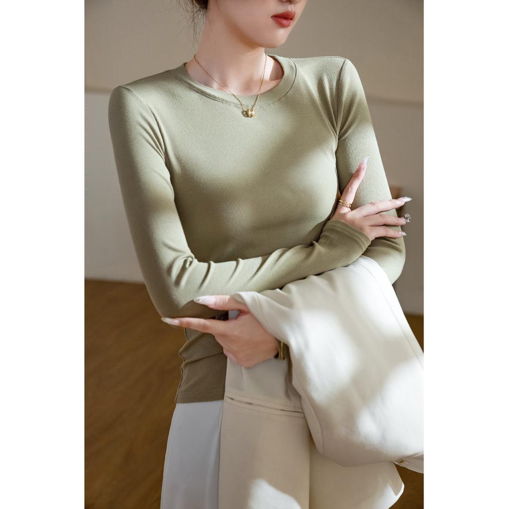 Fine Thread Cotton Round Neck Long Sleeve Base Shirt for Women In Autumn and Winter New T-shirt Top with Shoulders Underwear