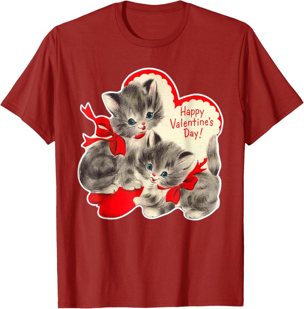 Vintage Kitten Valentine Graphic T-Shirt Retro Holiday Print Soft Cotton Casual Daily Tee