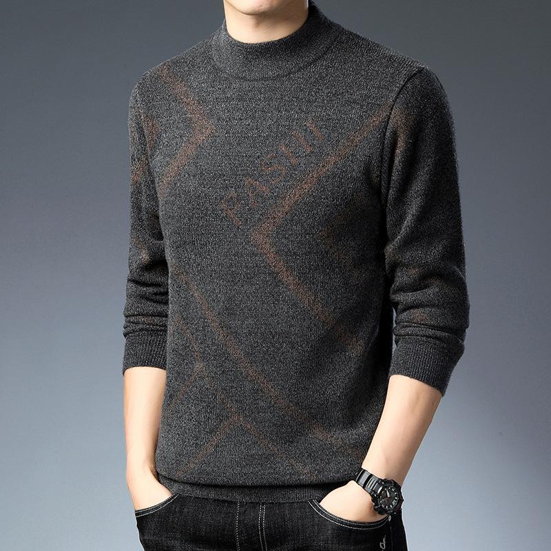 Men's Knit Striped Round Neck Sweater – Thickened Plus Velvet Base Layer for Autumn/Winter
