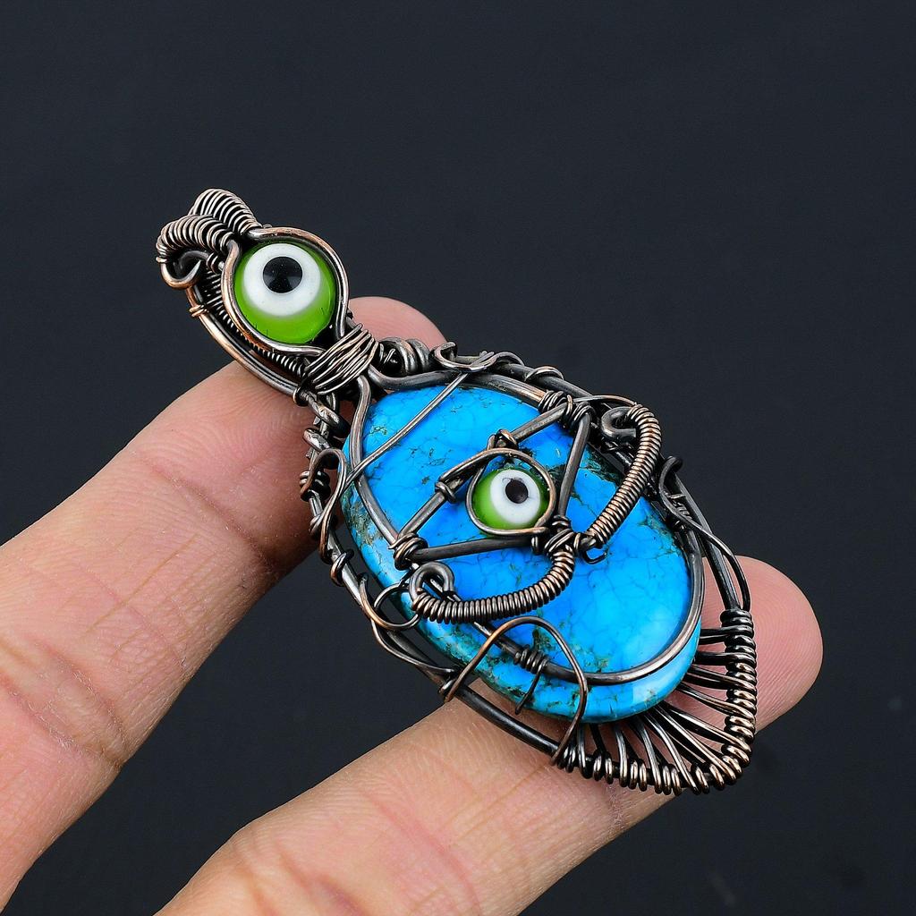 Tibetan Turquoise & Green Evil Eye Pendant, 999 Copper Wire Wrapped Gemstone Jewelry, Handmade Pendant, For Thanksgiving