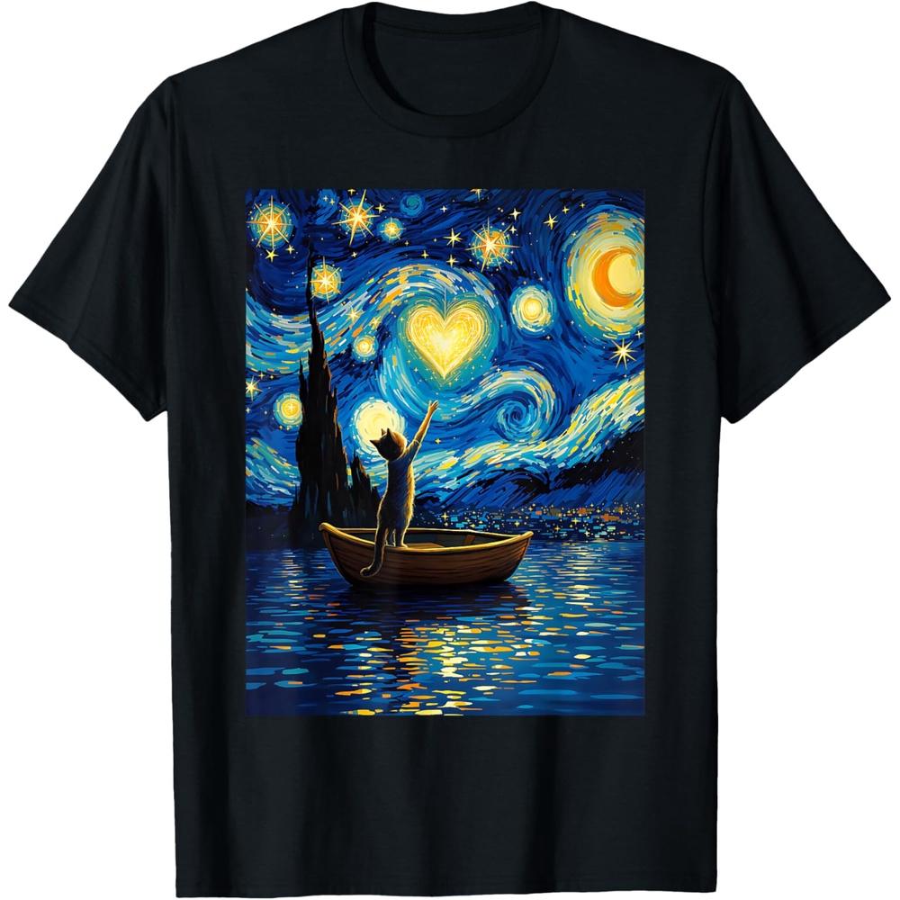 Cat Lover Graphic Starry Night Valentine s Day Cotton Men T Shirt XXL чёрный