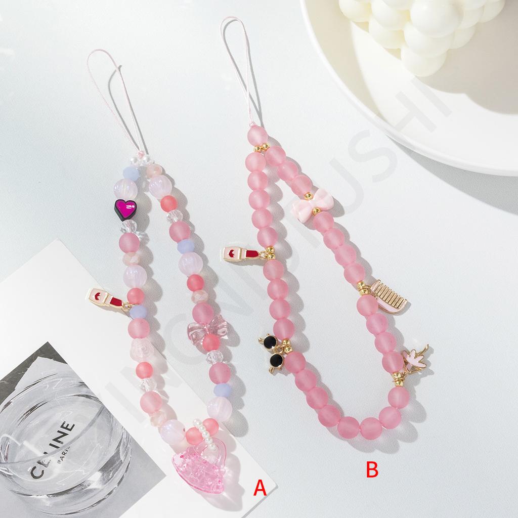Personalized girl pink beaded mobile phone chain niche cute sweet mobile phone case pendant