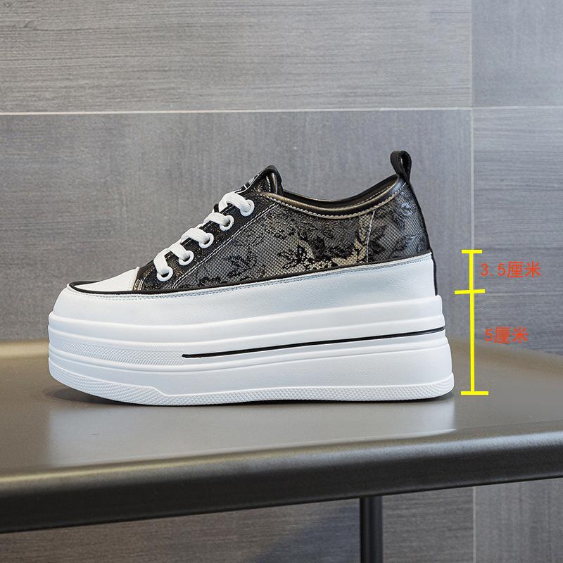 New Breathable Leather Inner Heightening Thick-soled Low-top Women's Shoes Lace-up Single-sided Muffin Delicate 8 Cm Little White Shoes Women