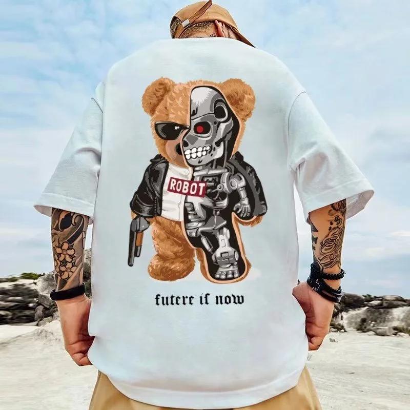 American retro diamond skeleton bear print T-shirt for men 100% cotton fashionable T-shirt loose top