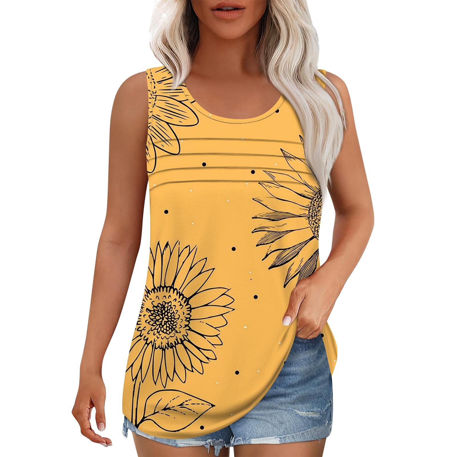 

Майка для женщин Летние наряды Без рукавов Блузки с принтом Повседневные свободные рубашки Округлый вырез Складки спереди XL жёлтый