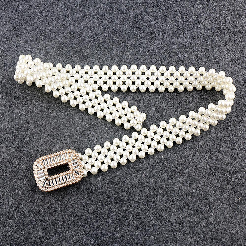 1PC Women's Elastic Waist Belt With Gold Buckle And Five Rows Of Faux Pearls, Sweet And Fashionable