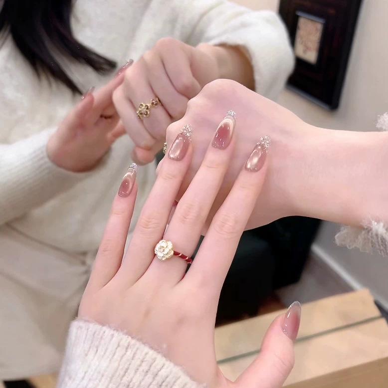 Handmade Nude Pink Gradient Rhinestone Press-On Nails: 2026 Long, Detachable French Tips