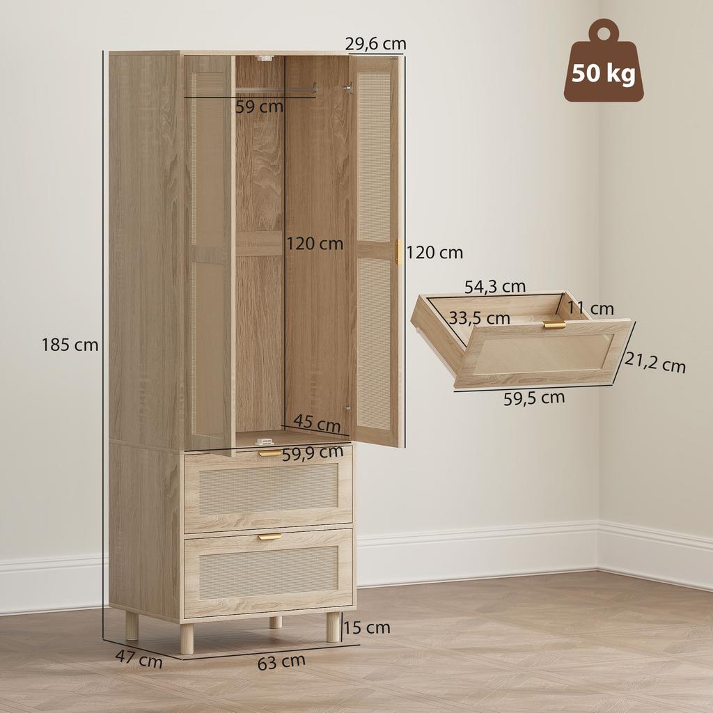 Bedroom Wardrobe with 2 Rattan Doors, 2 Drawers and Hanging Rail, 63 X 47 X 185 Cm, Natural Wood