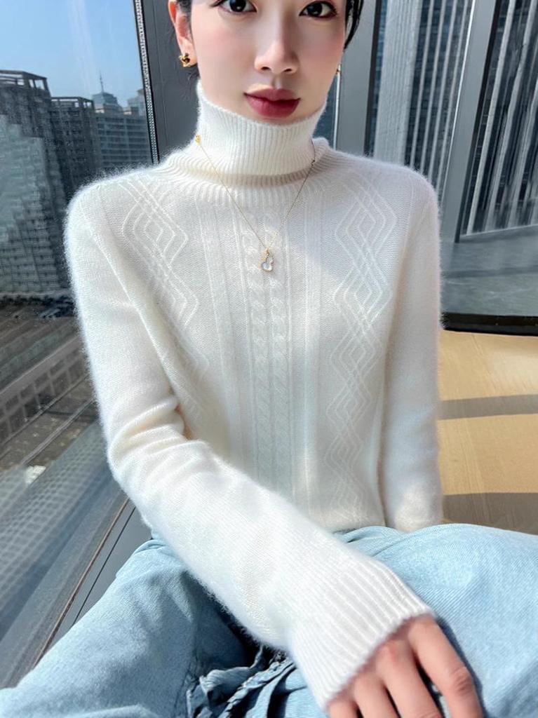 Women's High Neck Cable Knit Wool Sweater - Slimming Long Sleeve Cashmere Top