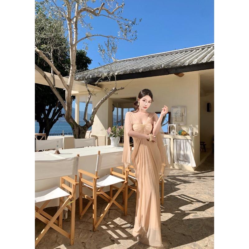 

Daughter Temperament Birthday One-word Shoulder Dress Dress French Sexy Body Bag Arm Dress Bright Island Dress S лососевый