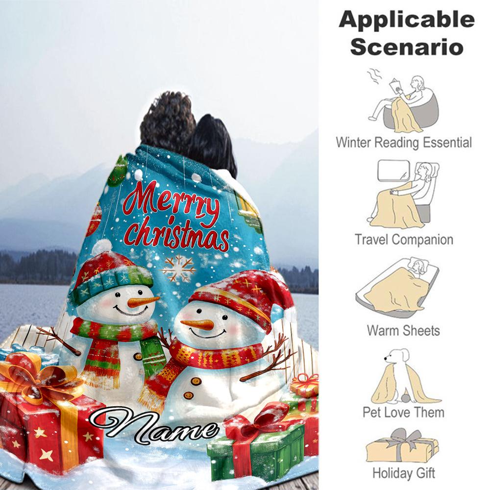 Beautiful Christmas Two Snowman Personalized Text Blanket Multi-purpose Customizable Blanket Ultra-Soft Versatile for Bed Livingroom Office Couch