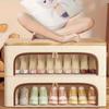 High quality4-Season Foldable Double-Window Shoe Cabinet - Dustproof Stackable Under-Bed Storage, Beige Linen Vintage Style, Suitable for Sneakers,