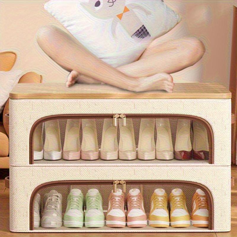 High quality4-Season Foldable Double-Window Shoe Cabinet - Dustproof Stackable Under-Bed Storage, Beige Linen Vintage Style, Suitable for Sneakers,