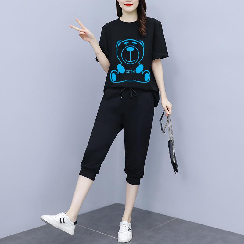 Running Casual Plus-size Sports Set, Women's Five-point Pants, Short-sleeve Summer Korean Style Loose Plus-size Printed Fashion