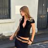 American-Style Spicy Girl Style Button-Down Lapel Short-Sleeve Shirt with a Stylish and Sexy Hollow-Out Design, Waist-Cinching Cardigan Top for Women