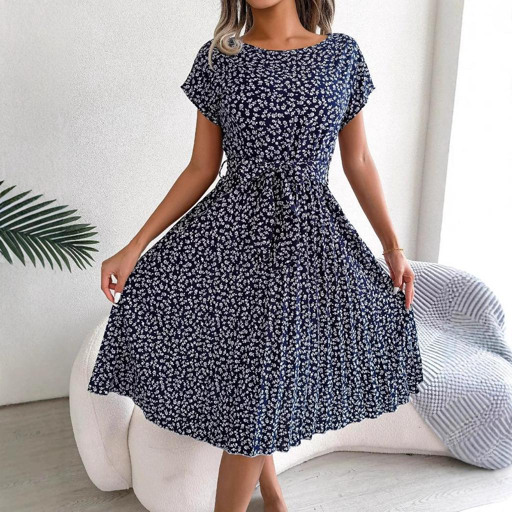 Ins Real Shot Spring and Summer Casual Short-sleeved Floral Pleated Skirt Women's Clothing