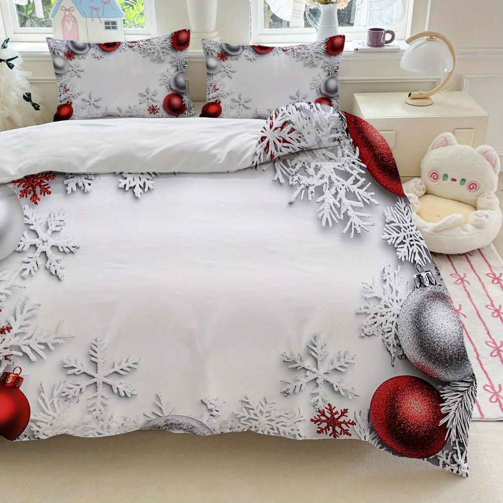 3pcs Christmas Snowflake Bedding Set White with Red and Silvery Ornaments (1Duvet Cover + 2Pillowcase, Without Core) for Winter