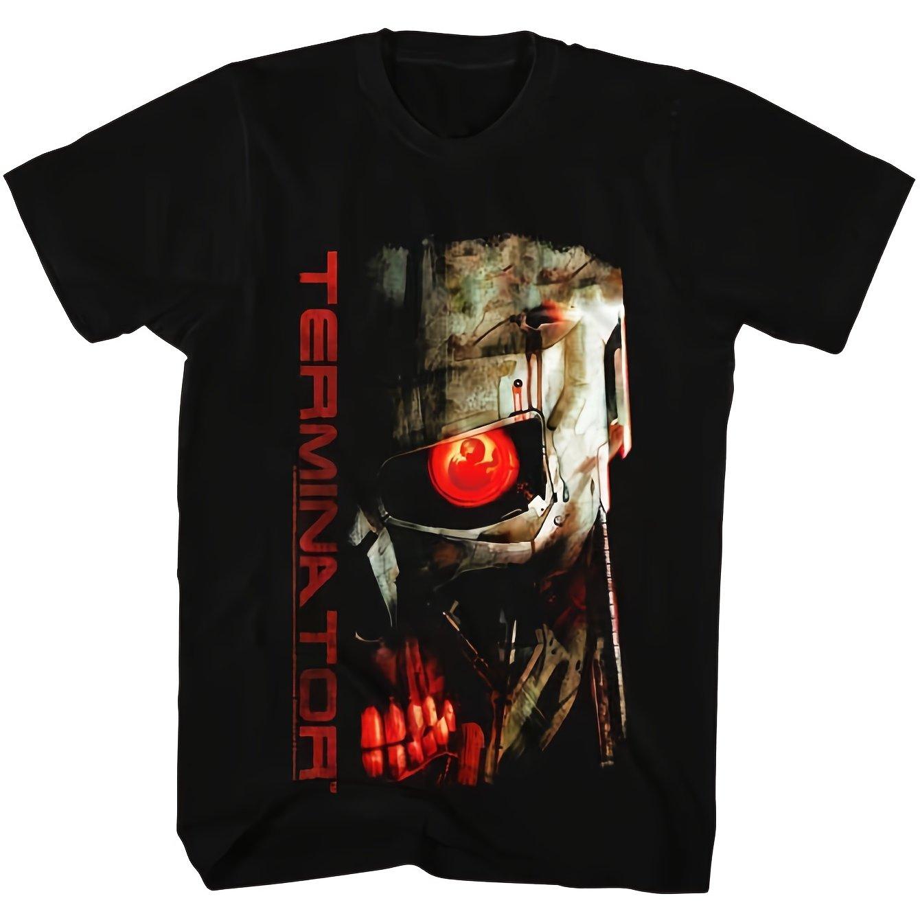 Unisexs Terminator 1980s movie Tshirt featuring a T800 Terminator head and redeye design Couples streetwear shirt S
