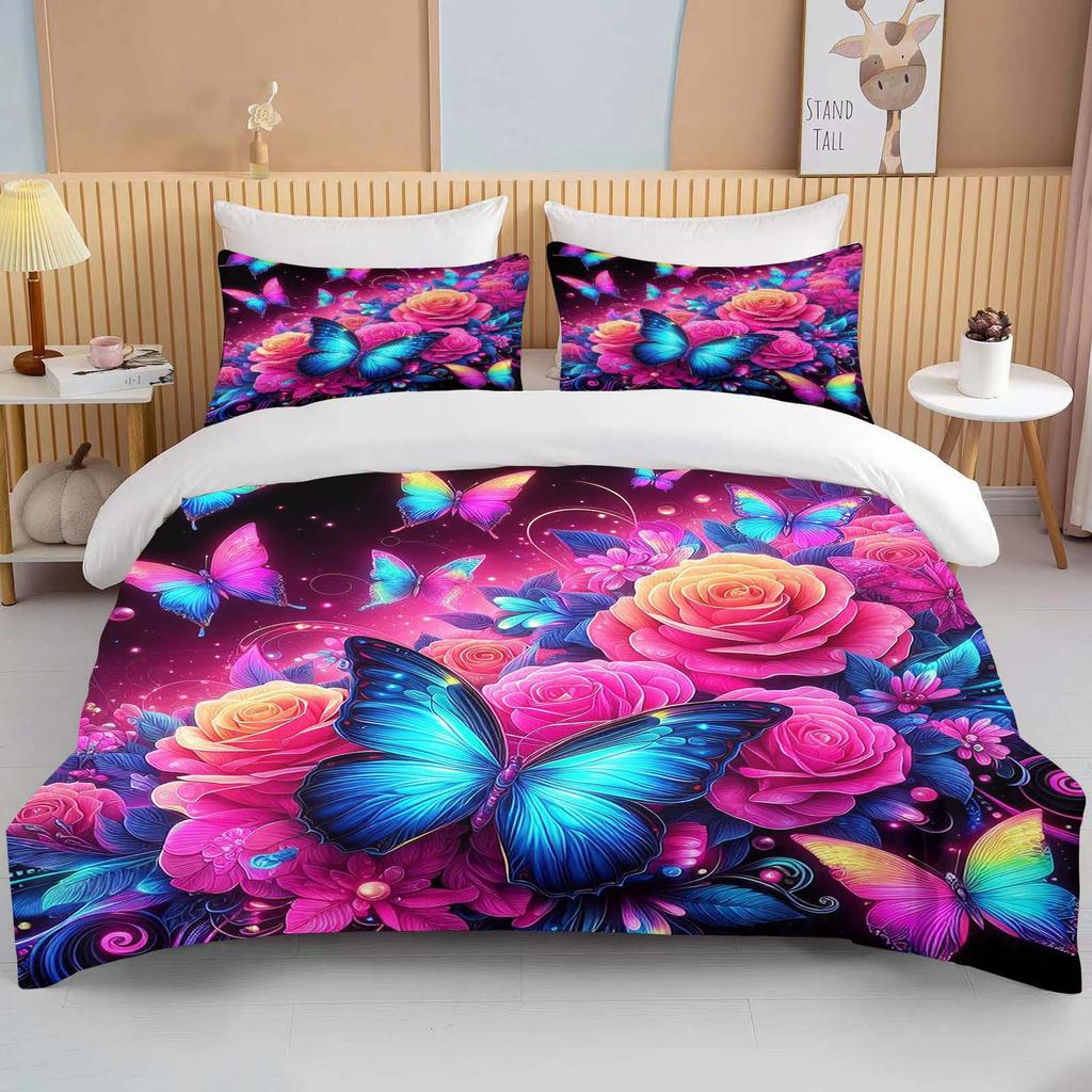 Neon Romantic Butterfly Roses Print Bedding Set Duvet Cover 1 Duvet Cover 2 Pillowcases Adult and Children Bedding Set Luxury