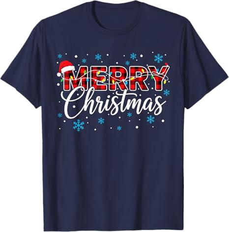 Funny Merry Christmas Buffalo Plaid Santa Hat Unisex Women TShirt Xmas Costume Novelty Gift Festive Santa Hat and String Lights