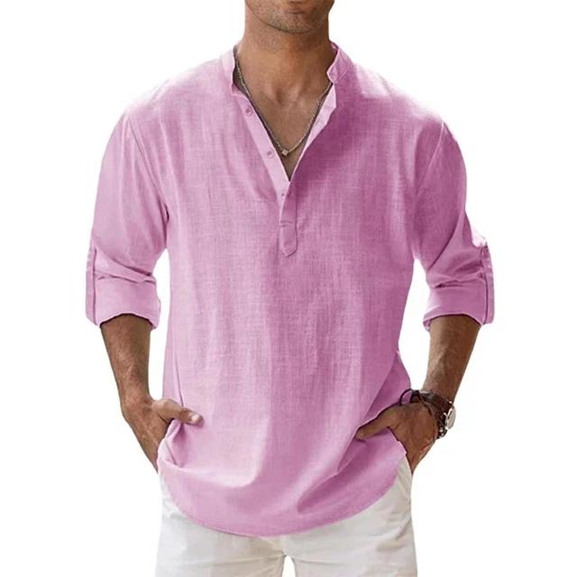 Men's Summer Large Size Casual Loose Stand Collar Solid Color Long Sleeve Shirt