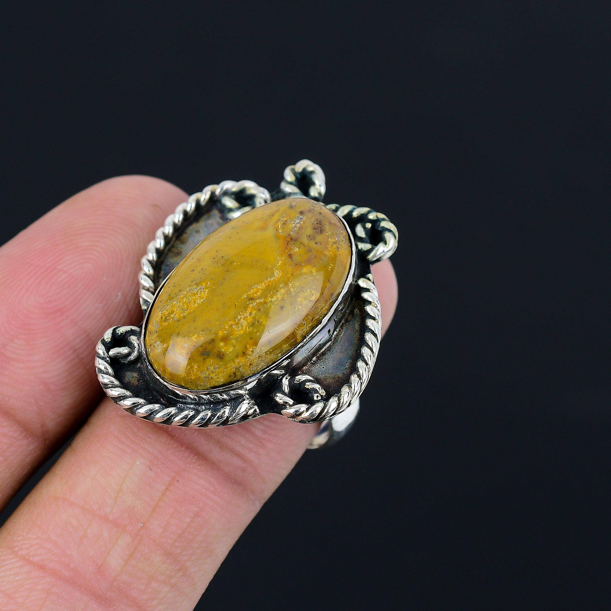 

Oval Moroccan Seam Agate Stone Art Deco Promise Sister Ring 925 Sterling Silver 9