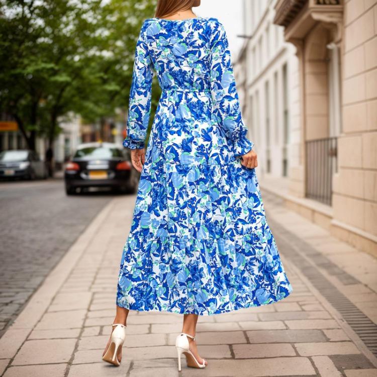 Vestido Maxi Floral Manga Longa Decote V Boêmio Vestido para Convidada de Casamento Casual Feminino