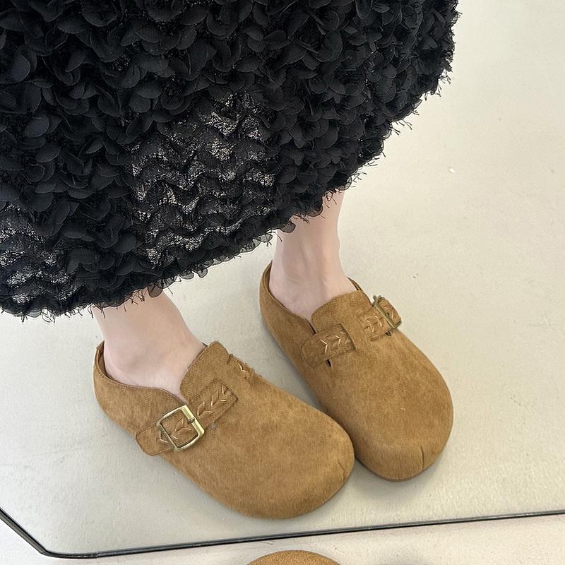 Fashion Embroidered Round-toe Shallow-mouth Metal Buckle Soft-sole Anti-slip Wear-resistant Flat-sole Wrapped-head Slippers