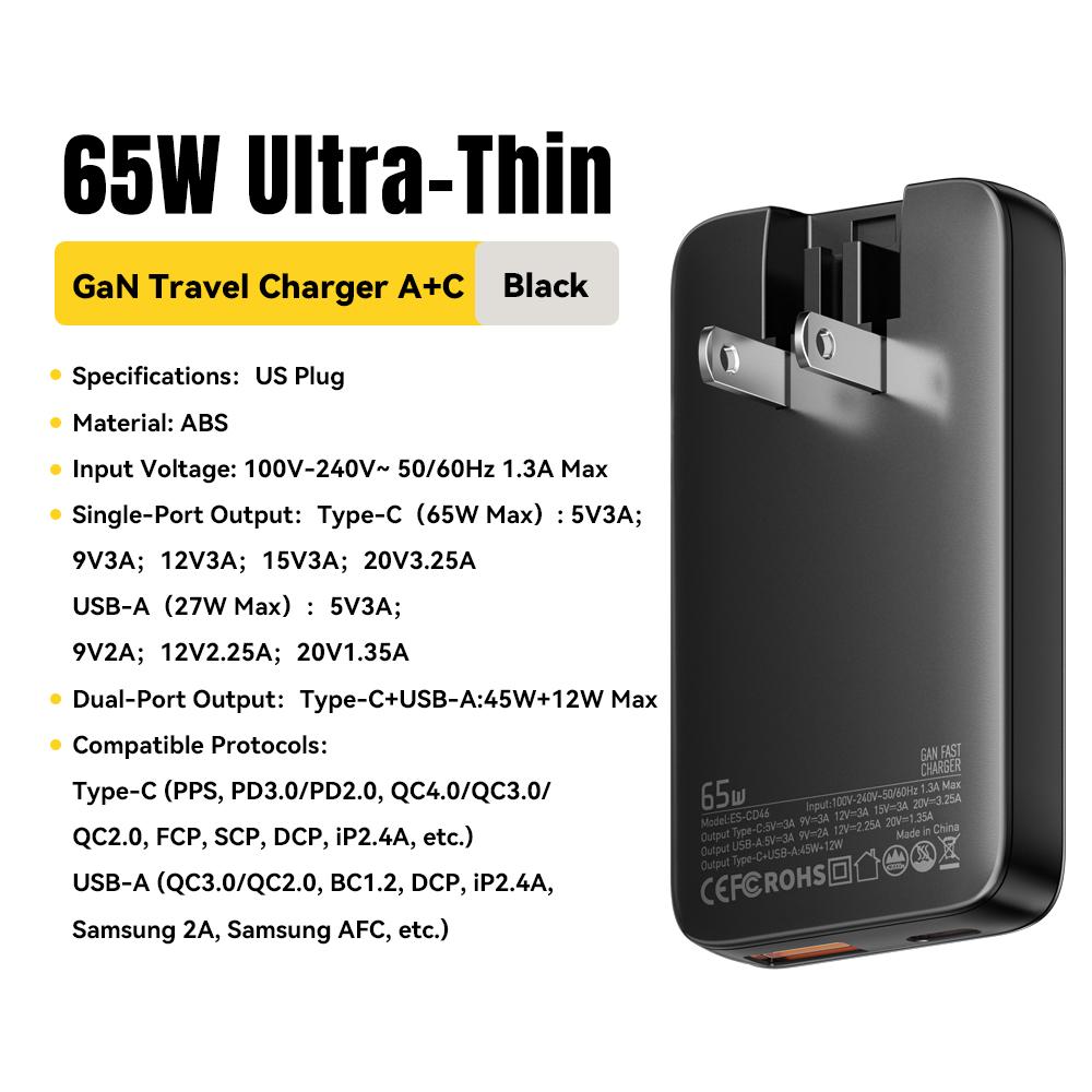 

65W GaN Charger Ultra Thin Quick Charge 4.0 PD3.0 PPS Portable USB Type C Charger For Macbook Laptop For iPhone 13 14 15 16 BK US
