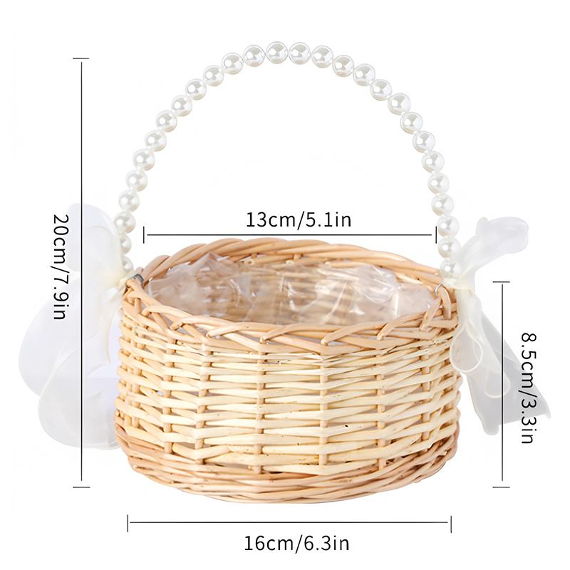 Wicker Flower Basket Picnic Baskets Pearl Handle And Bow Basket Handwoven Rattan Basket Flower Plant Baskets Wedding Party Decor