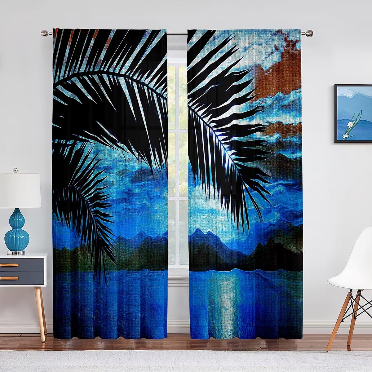 

Тропический морской пейзаж с пальмовыми листьями, океан, тюлевые шторы для гостиной, спальни, декор, шифоновая прозрачная вуаль, кухонная оконная занавеска 1 PCS W100XH250cm&Grommet Top