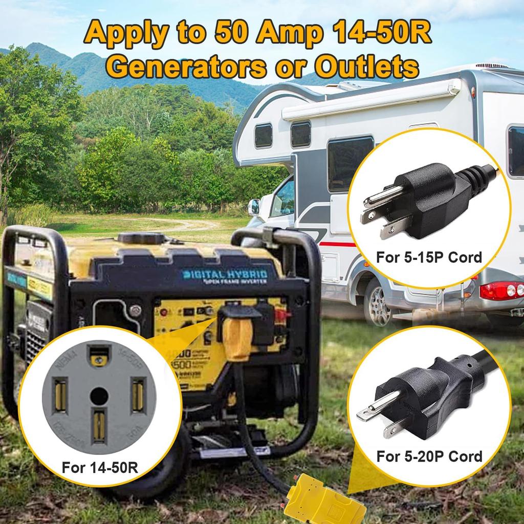 50 Amp To 20 Amp 110V RV Distribution Adapter, 240V To 120V, NEMA 14-50P To 4 X 5-20R/15R RV Generator Adapter, 4-Prong Plug To Mutiple Household