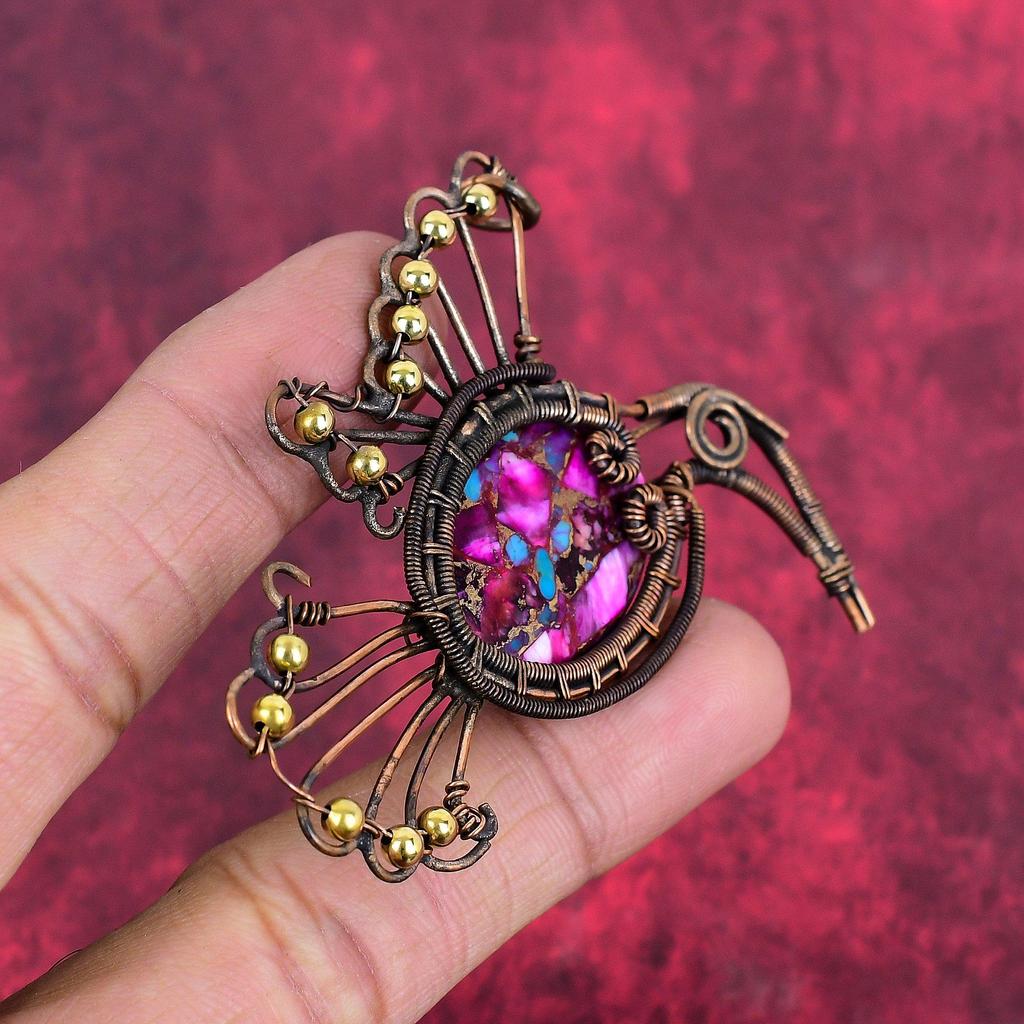 Natural Kingman Pink Dahlia Turquoise Pendant Copper Wire Wrapped Bird Pendant Gemstone Jewelry Gift for Him Copper Jewelry Handmade Pendant