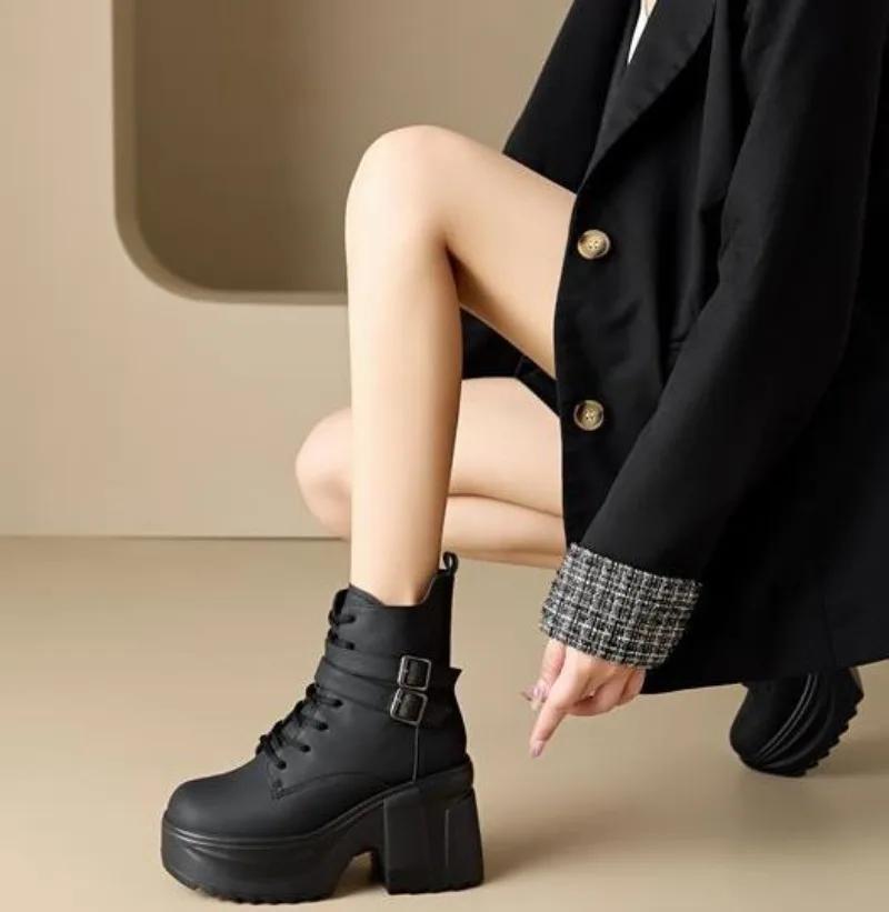 Fashion 10cm Microfiber Synthetic Women ZIP Chunky Heels Platform Booties Autumn Ankle Spring Ankle Motorcycle Thick Soled Shoes
