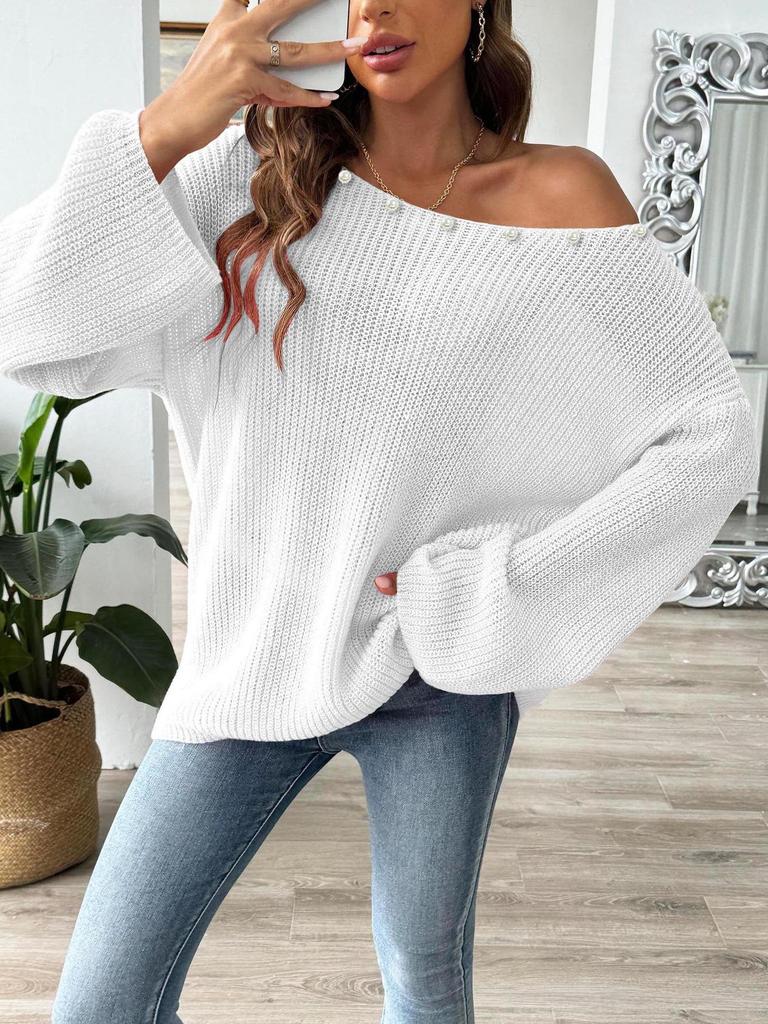 European & American Women's Loose One-Shoulder Bell Sleeve Beaded Sweater Top