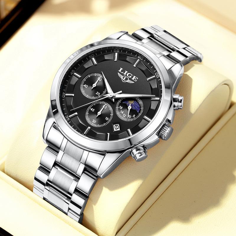 LIGE Business Watches Mens Top Brand Luxury Quartz Wristwatch 3Bar Waterproof Chronograph Luminous Watch for Gentleman Gift+Box