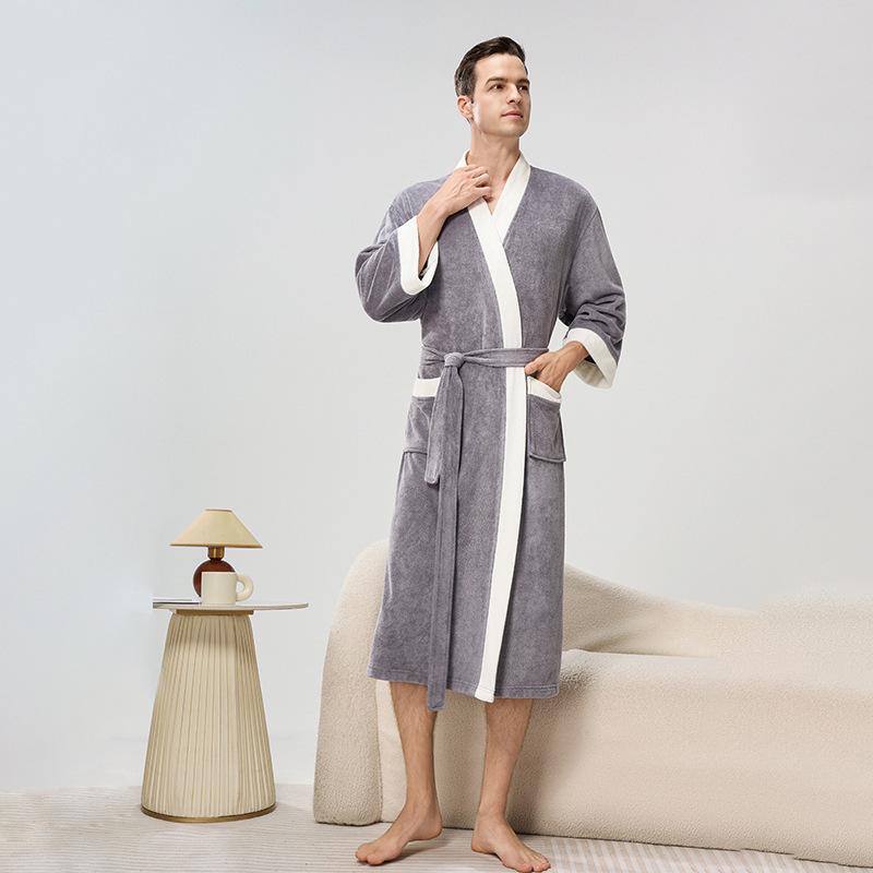 

Мужские длинные халаты с V-образным вырезом, домашняя одежда, пушистая одежда для сна, банные халаты, мягкий спа-халат для дома с карманами, спа-халаты унисекс, уютный теплый спа-халат с длинным рукавом для мужчин M