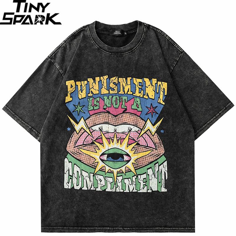 Hip Hop Streetwear Washed Black Tshirt Men Cartoon Eye Graphic T Shirt Vintage Harajuku Cotton TShirt Summer Tops Tees