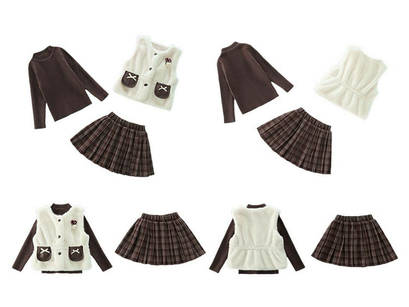 Girls' Fashionable 2025 Autumn/Winter Fur Vest & Knitted Sweater with Pleated Skirt Set