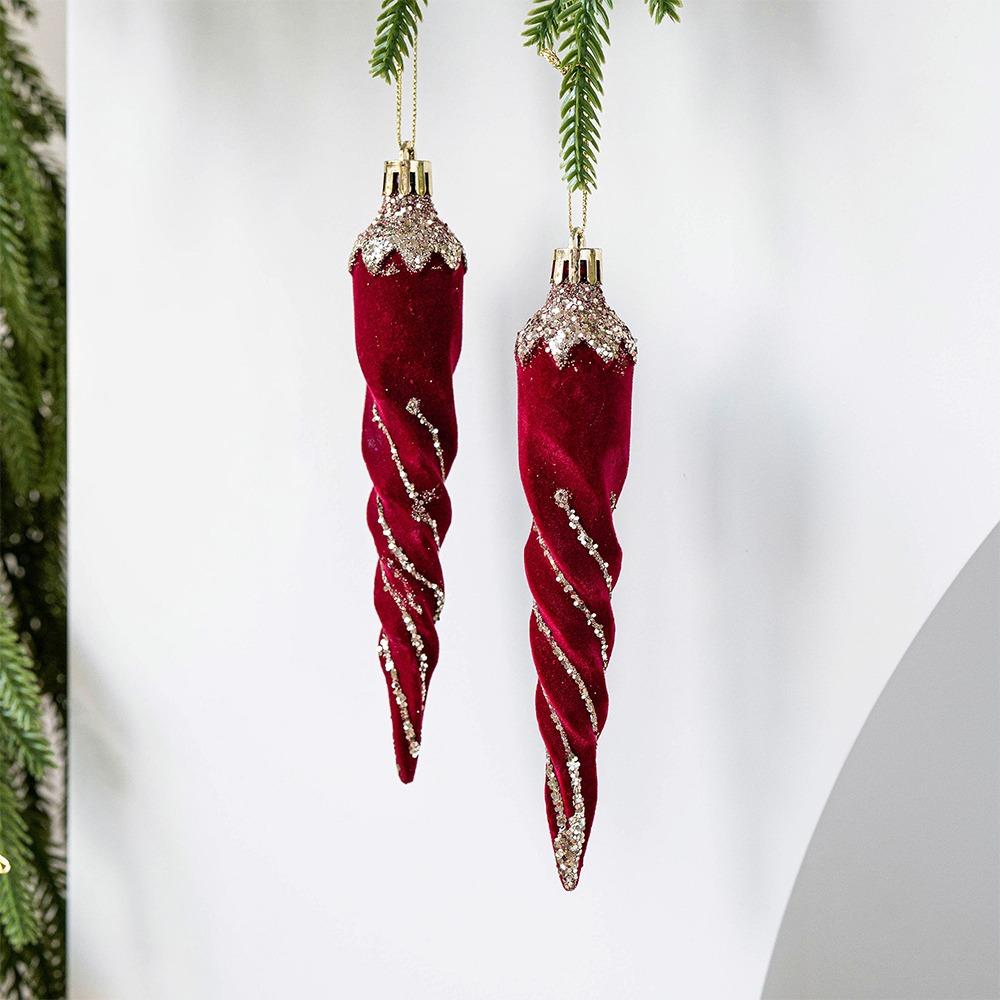 2pcs Flocked Christmas Tree Pendants Red Candy Cane Pendants  Party Decor