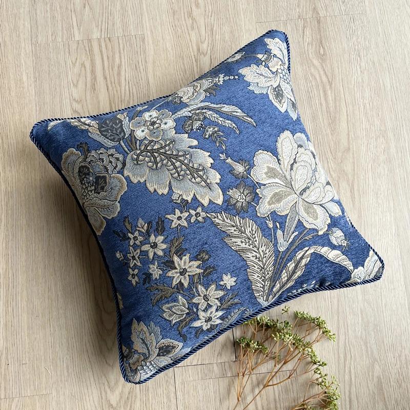 Deluxe Floral Blue Royal Chenille Woven Home Decorative Pillow Case 45x45cm Rope Pipping 1 Piece Pack