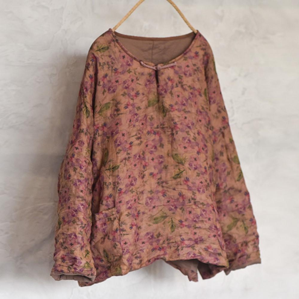 Johnature Women Vintage Print Floral Pullover O-Neck Long Sleeve Autumn Pockets Chinese Style Tops