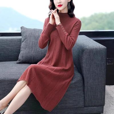 Autunno Inverno Girocollo Elegante Maglia Accappatoio Abito Donna Tinta Unita Casual Moda Fondo Vestidos