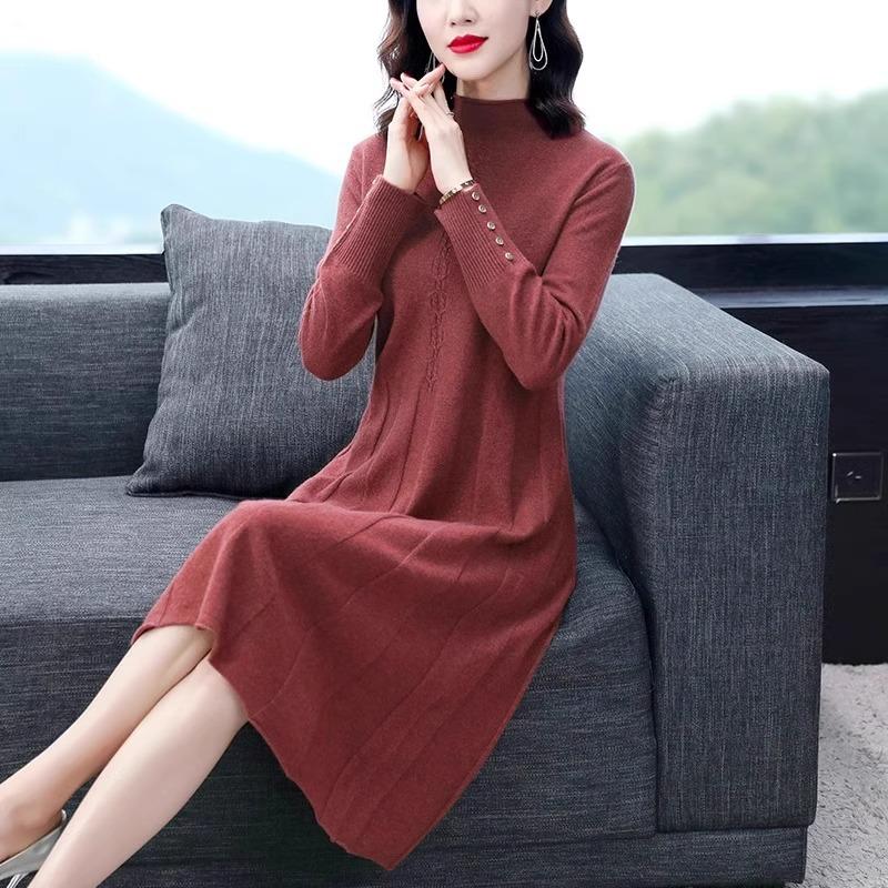 Autumn Winter Round Neck Elegant Knitting Robe Dress Women Solid Color Casual Fashion Bottomed Vestidos
