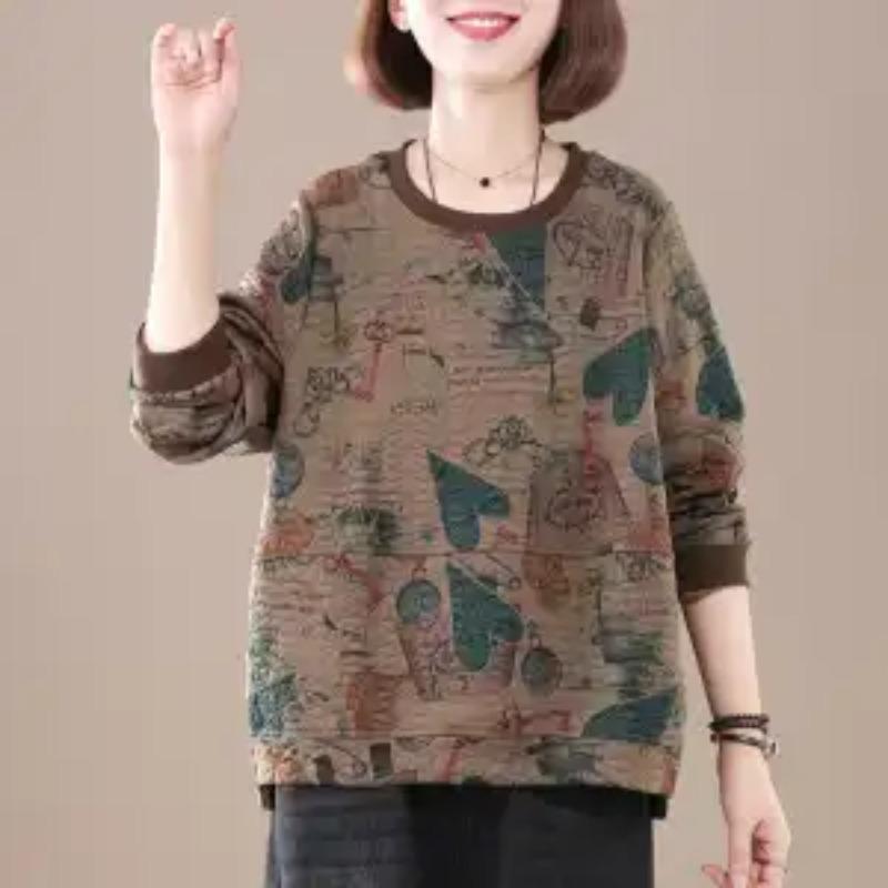 New Women's Spliced   Loose Pullover Western Style Retro Versatile Casual Long Sleeve Sweater