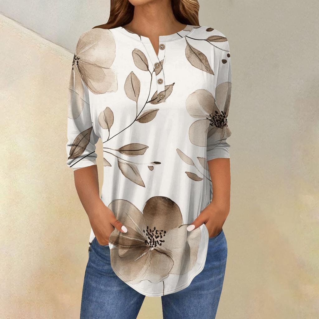 Damenmode Lässig Dreiviertelärmel Blumendruck Rundhals T-Shirt Top