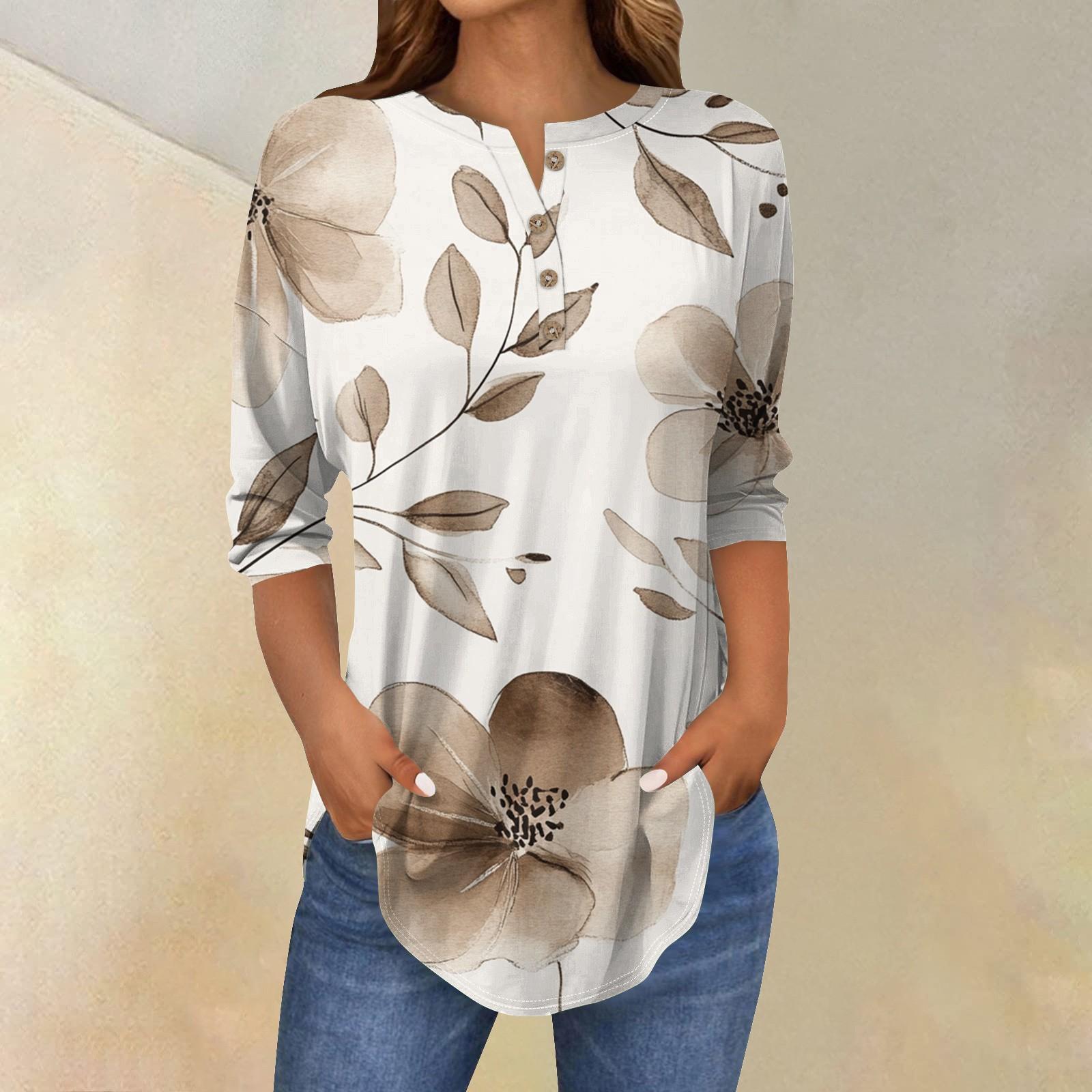 

Women s Fashion Casual Three-quarter Sleeve Floral Print Round Neck T-shirt Top XL хакі