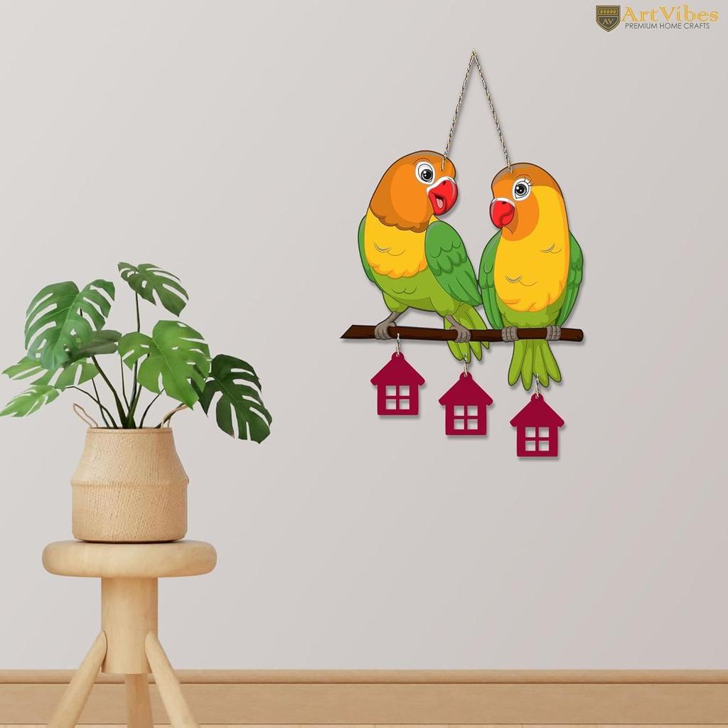 Cute Pair of Parrot Wooden Wall Hanging for Home Decoration | Garden Balcony | Office | Cafe | Decorative Door Hanging | Festive Decor