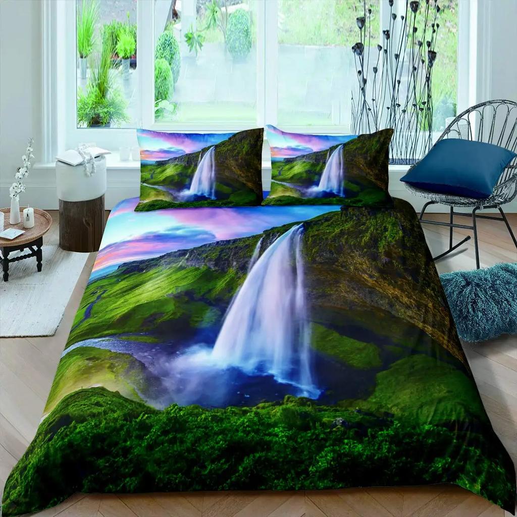 Nature River Bedding Set Starry Sky Duvet Cover Set Mountain River Forest Moon Printed Design Natural Landscape Comforter Cover
