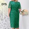 Women Dress Flower Embroidery Double Layers Short Sleeve Round Neck Mid Calf Length Lace Plus Size Elegant Lady Midi Prom Party Dress